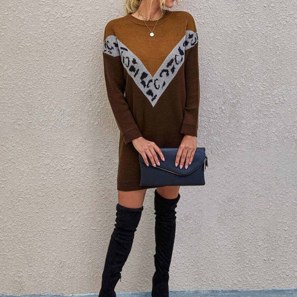 Black Grey Oversized Chevron Leopard print Sweater Dress - Picture 9 of 11